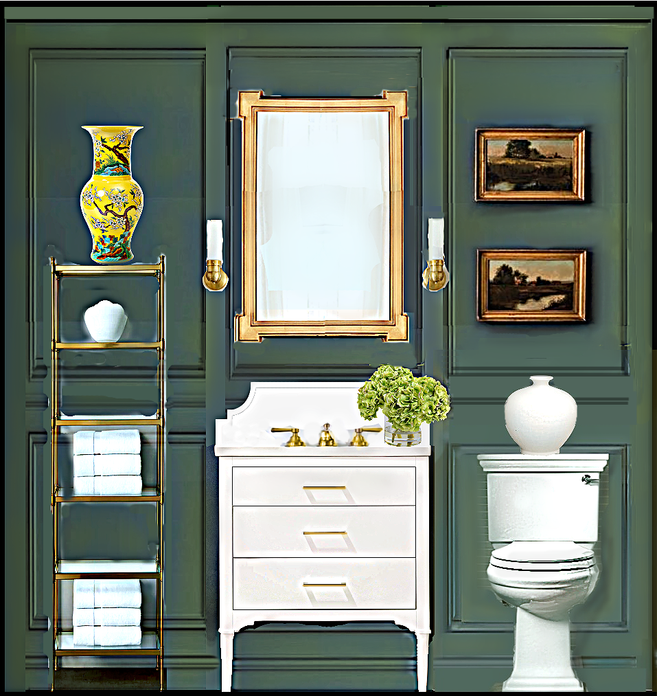 dark green wall with moulding white vanity-etagere - guest bathroom
