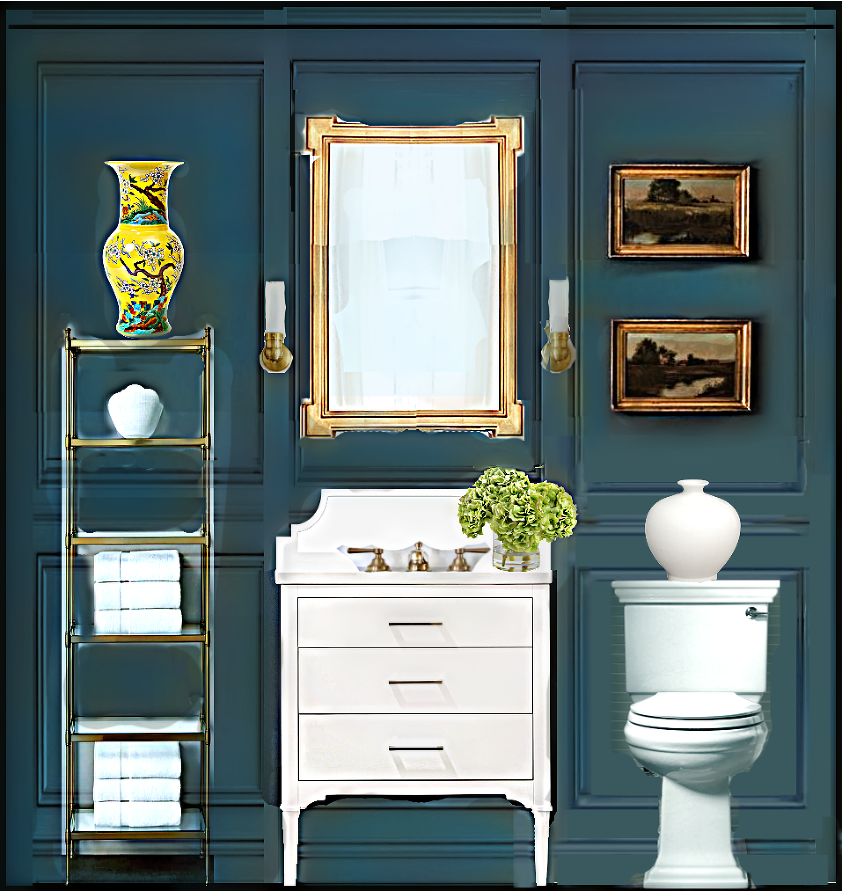 dark teal blue wall with moulding white vanity - guest bathroom