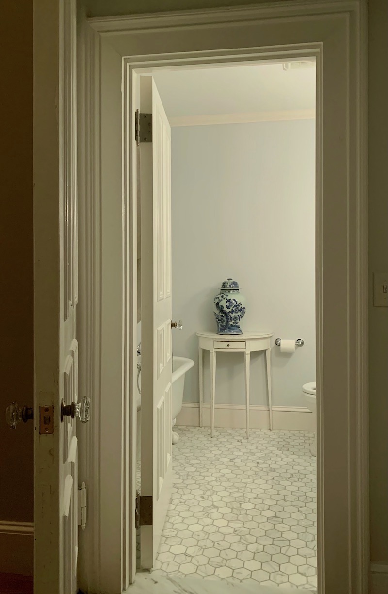 my guest bathroom painted Benjamin Moore Marilyn's Dress - a pale blue gray paint color - little-known paint colors