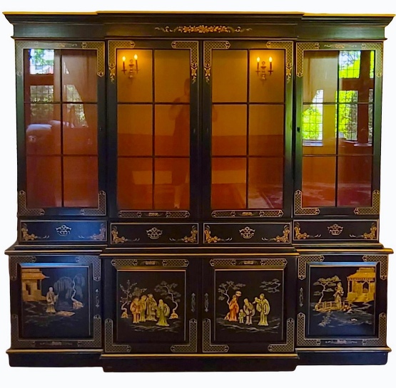 20th-century-black-lacquered-asian-chinoiserie-breakfront-china-cabinet