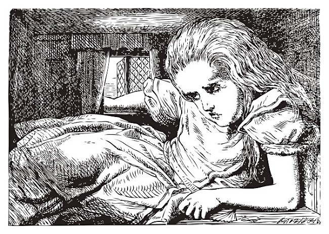 Alice in Wonderland Alice grows huge or tall again before she had drunk half the bottle, she found her head pressing against the ceiling, and had to stoop to save her neck from being broken Alice¬¥s Adventures in Wonderland Illustration from John Tenniel, published in 1865