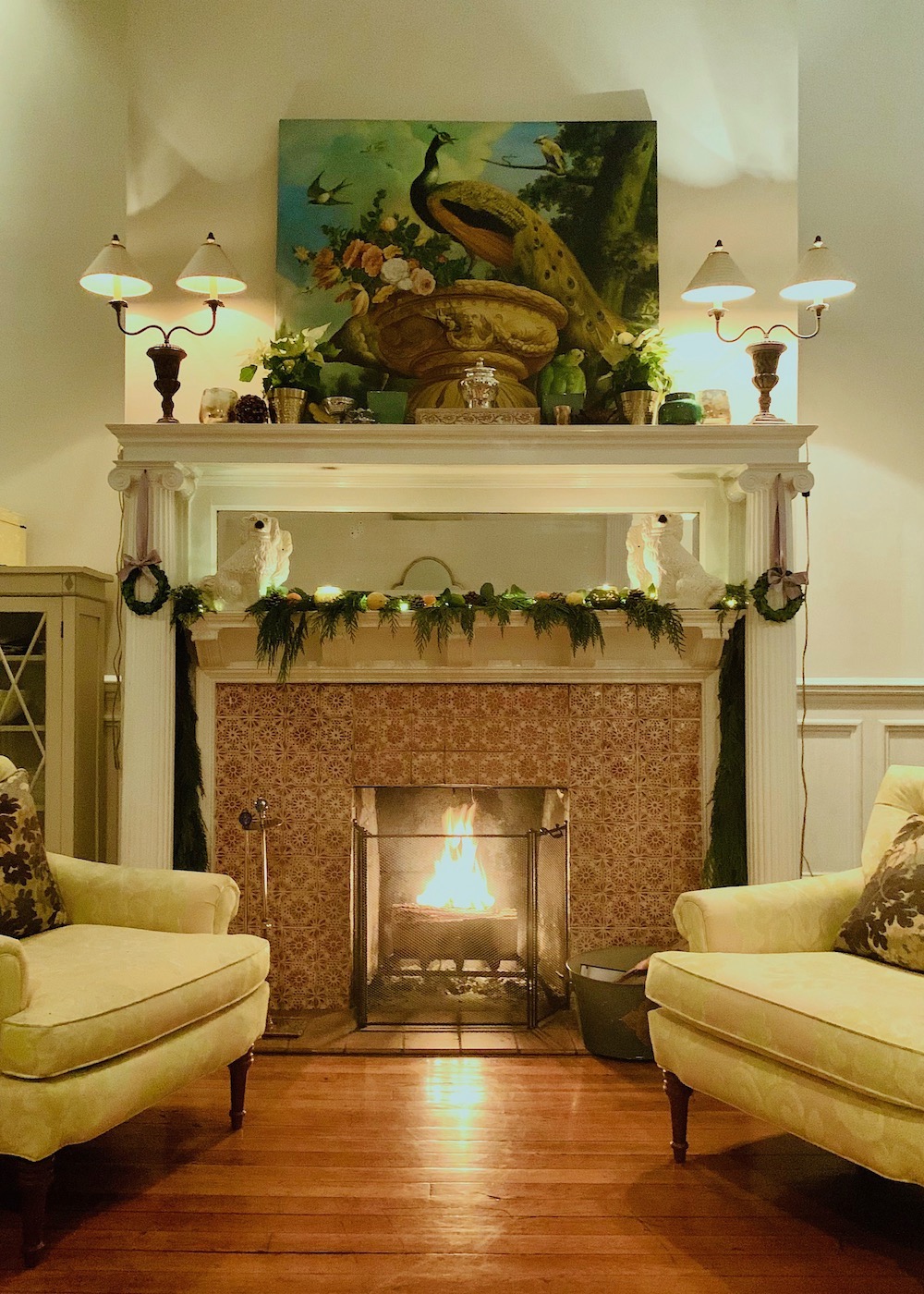 Christmas holiday fireplace mantel - roaring fire