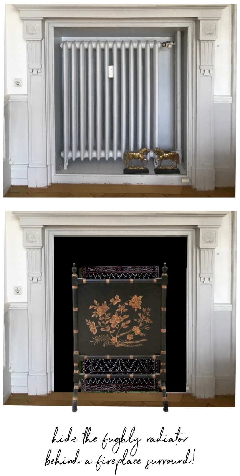 hiding the radiator fireplace mantel with grill and screen