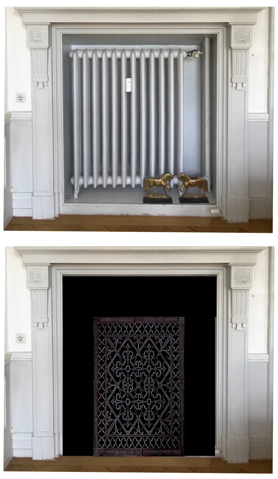 hiding the radiator fireplace mantel with iron grill