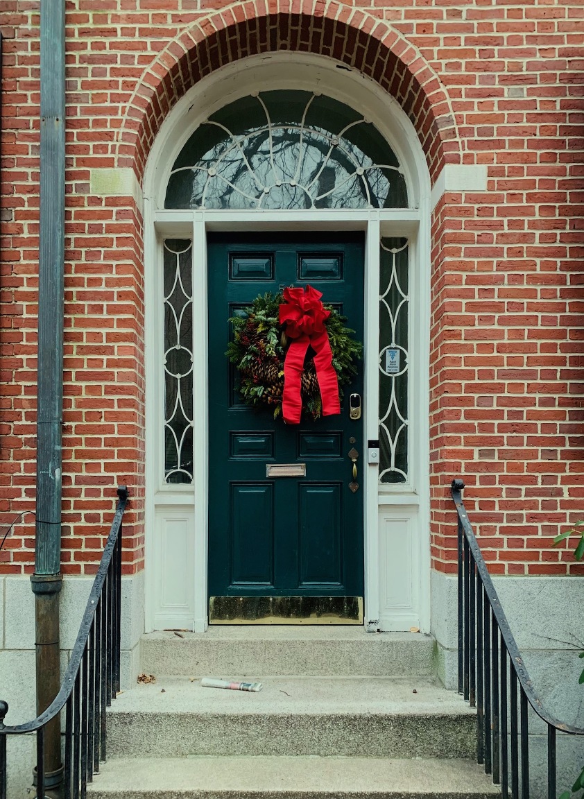 Brimmer St. Boston classic Beacon Hill Dark Green Door - Christmas