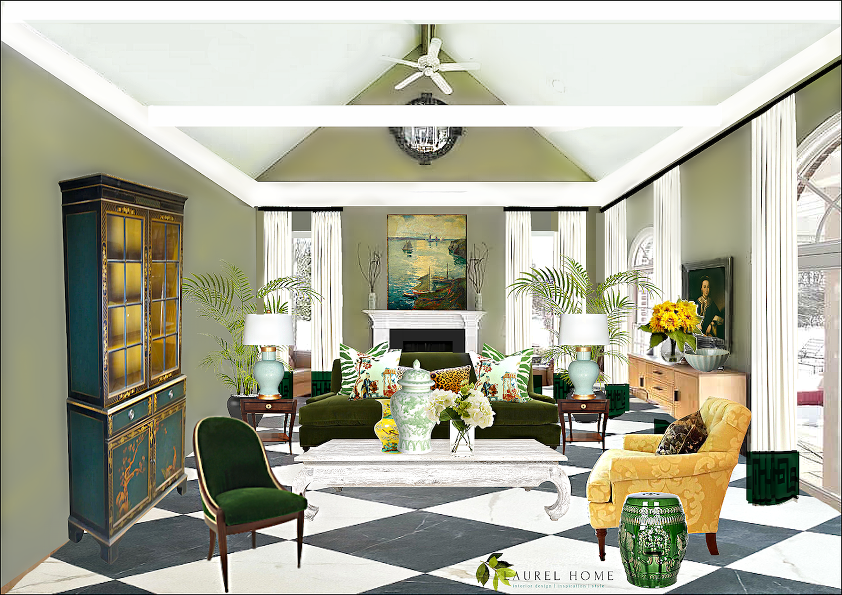 living-room-cathedral-ceiling-flying crown moulding