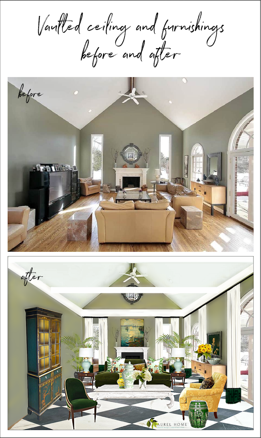 vaulted ceiling and furnishings before and after