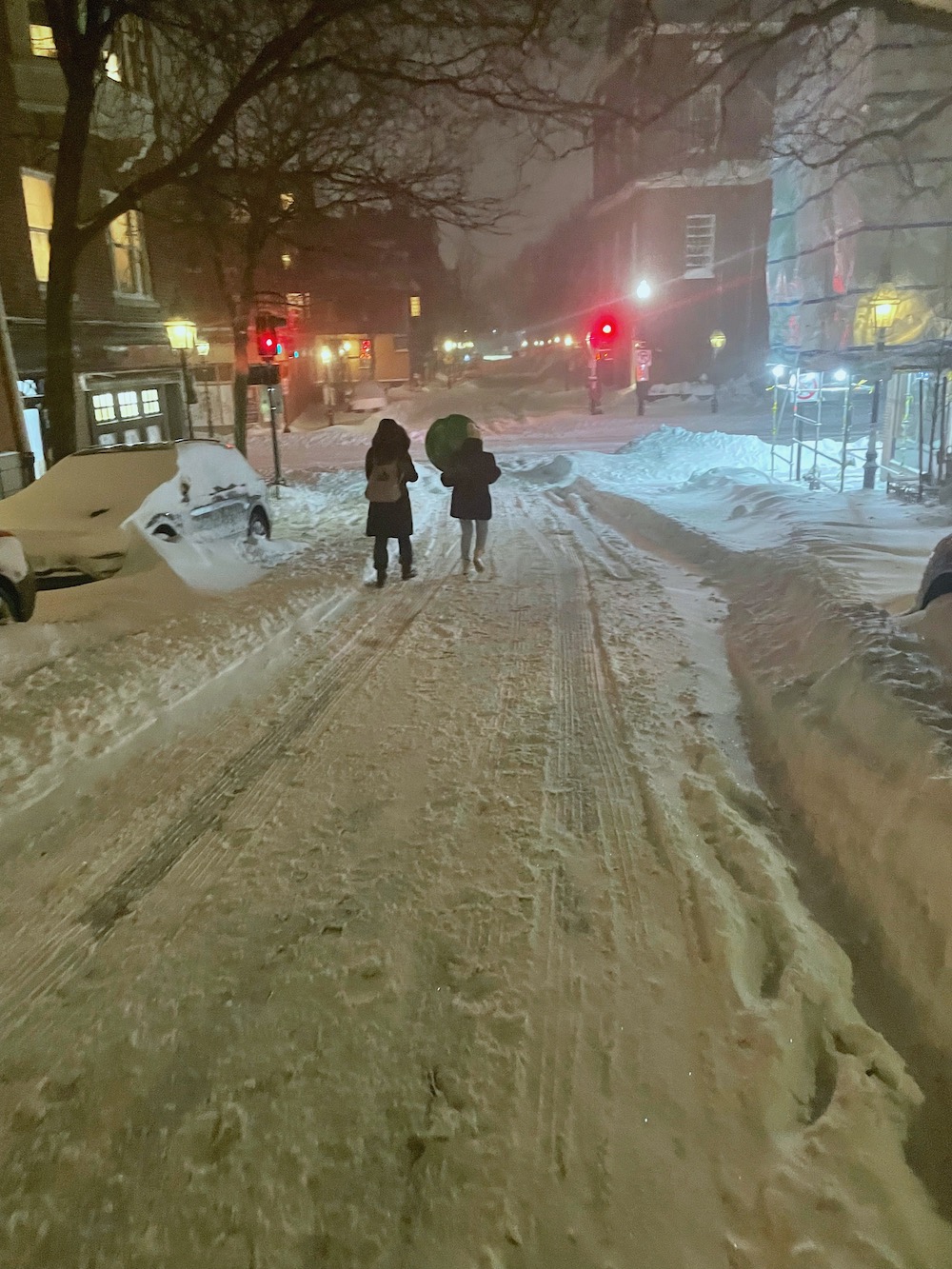 Cheryl and I walking down deserted Charles Street Boston - Blizzard 2022