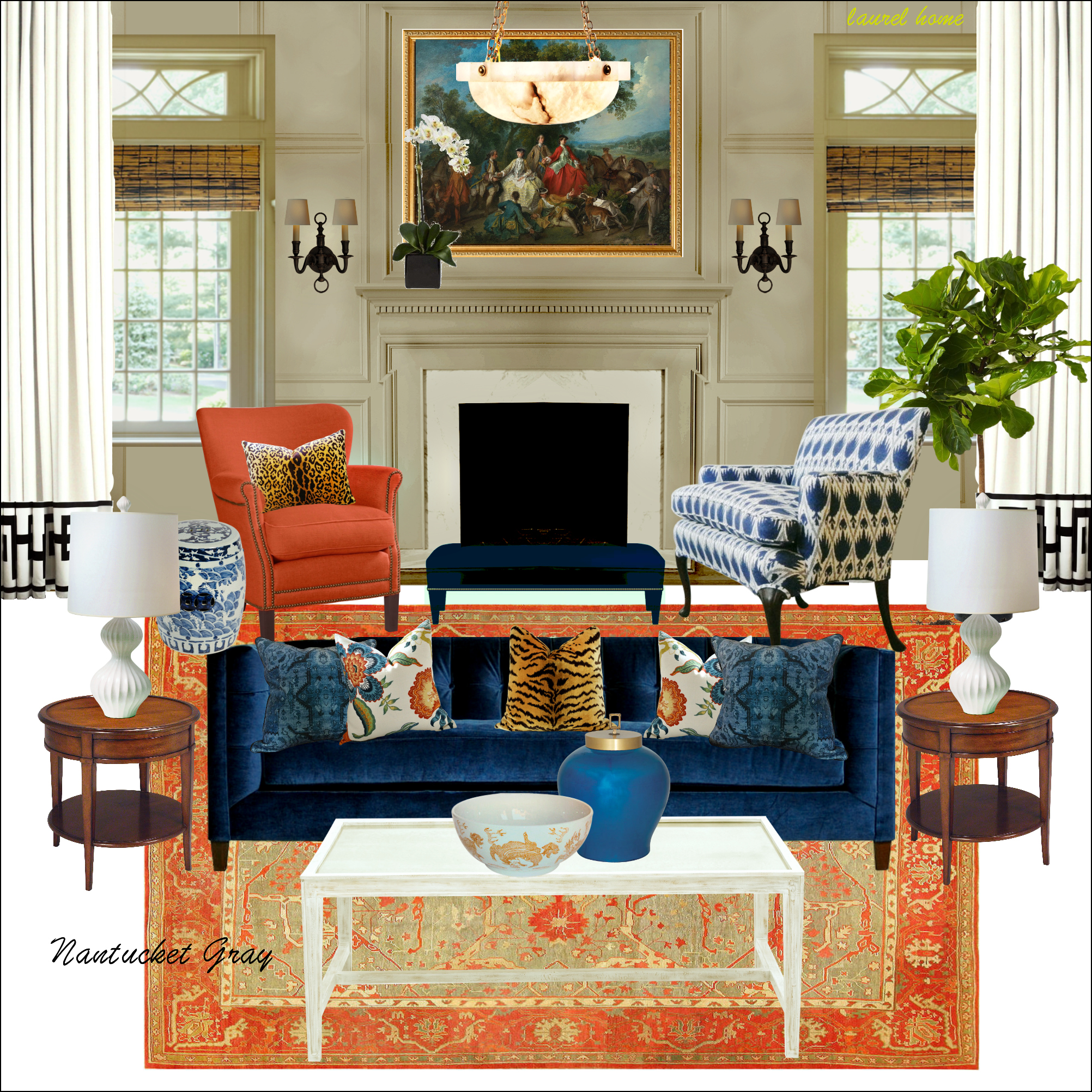 Nantucket gray - warm red and blue - unified interior color palette
