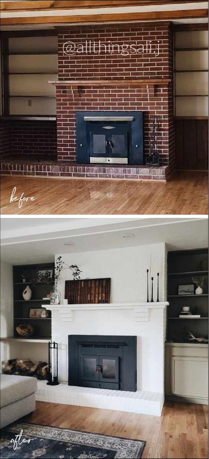 @allthingsali.j on instagram before and after ugly brick fireplace mantel makeover