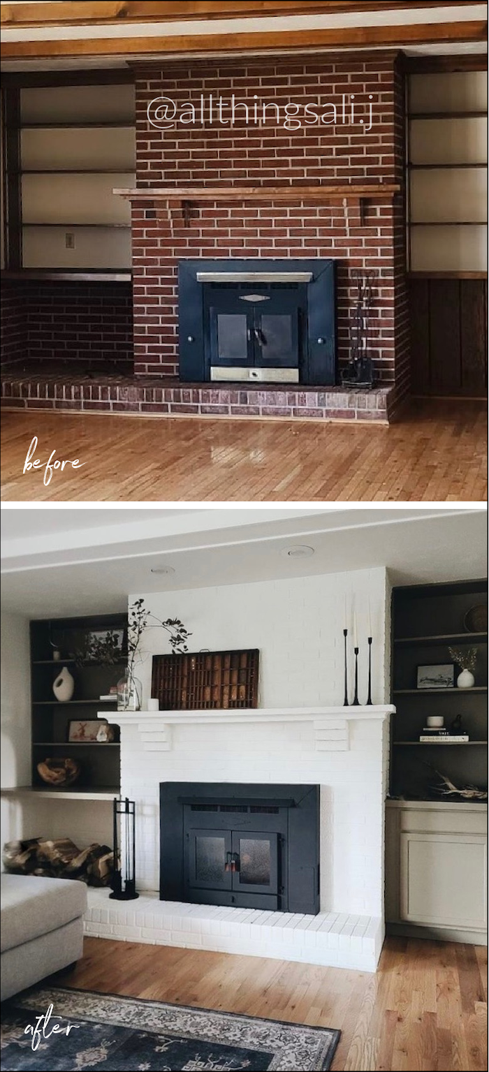 modern living room with brick fireplace