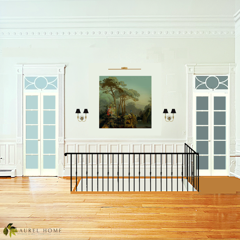 living room center straight railing with neo-classical transom - staircase railing design