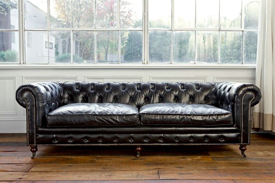 black leather Chesterfield tufted sofa
