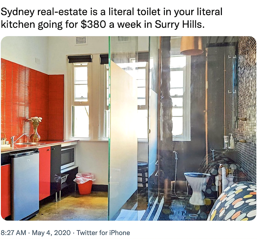 Sydney real estate a literal toilet in your literal kitchen -open concept bathroom