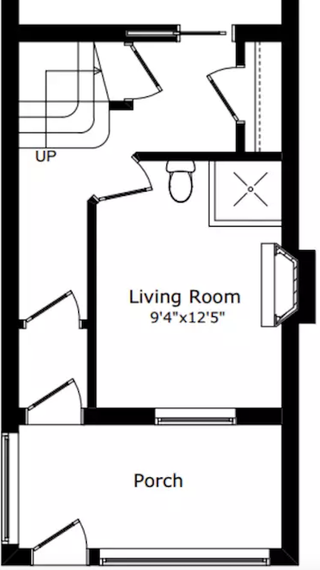 open concept bathroom in living room floor plan