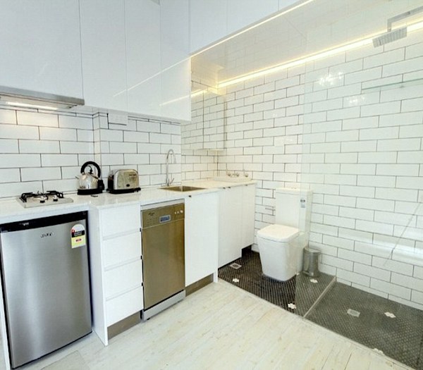 toilet in kitchen -open concept bathroom