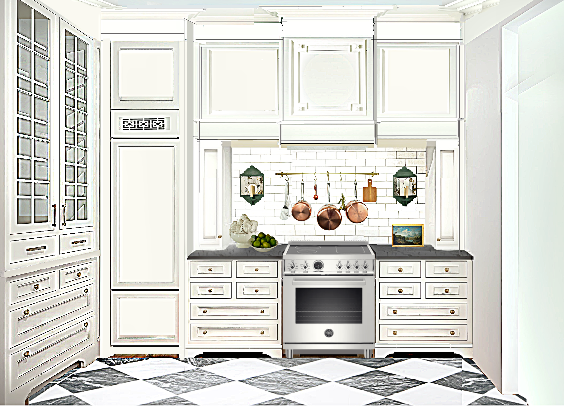 range wall corrected soapstone counter counter French hood with Victorian coving crown- renovation plans