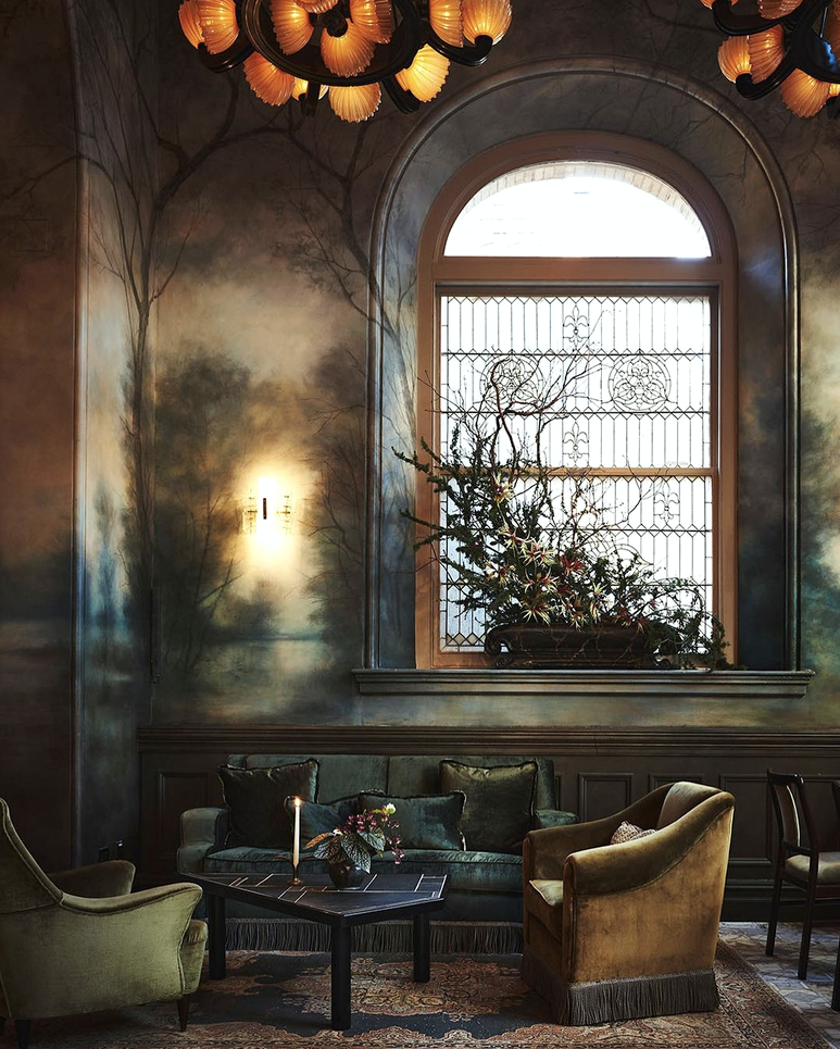 gorgeous design - no decorating problem here! interior design by@roman_and_williams_ on Instagram - photo Adrian Gaut @a_gaut - mural - Dean Barger @deanbarger