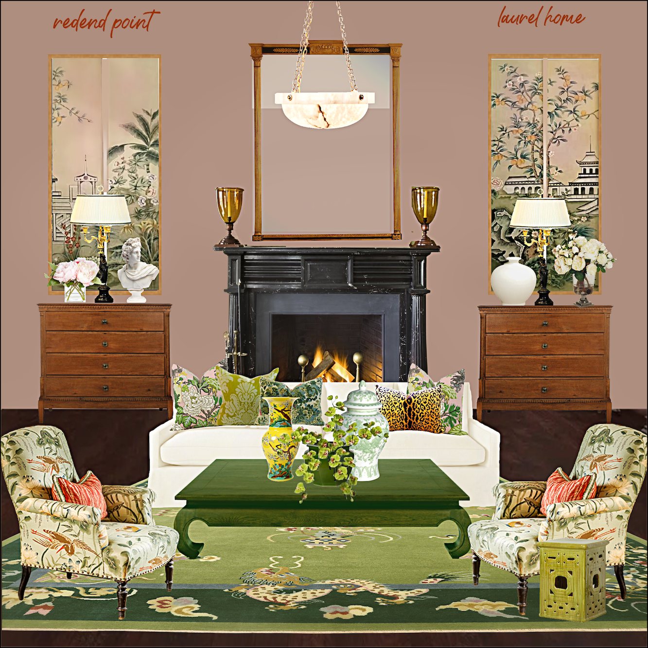 rendend point walls - horrible wall color - Chinese Rug - pale pink Serena & Lily sofa