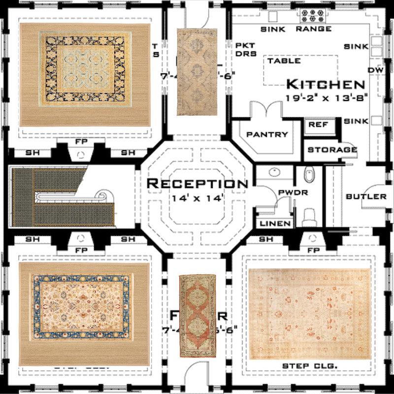 multiple area rugs that coordinate - neutral and dark blue and beige