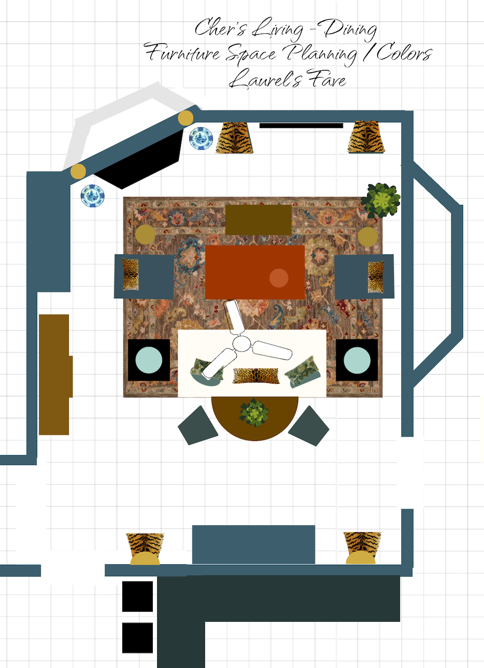 Cher's living dining room layout - brown rug-space planning - colors - white sofa