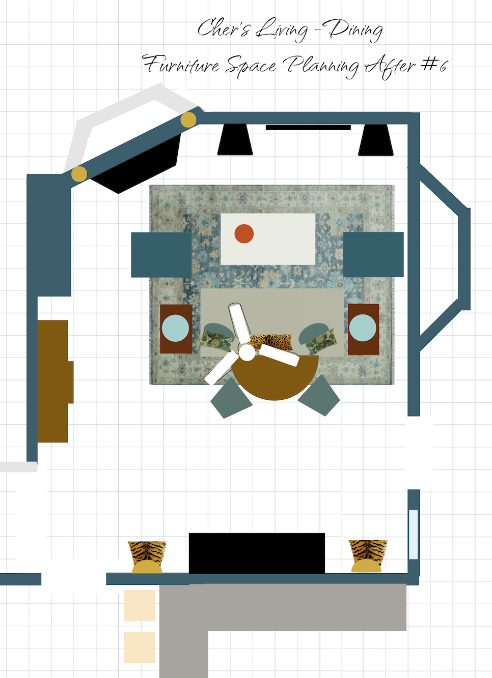 space planning with a sofa and two chairs and a teal oushak rug