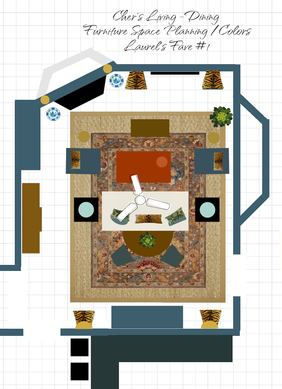 Cher's living dining room layout - space planning_colors - light sofa seagrass rug