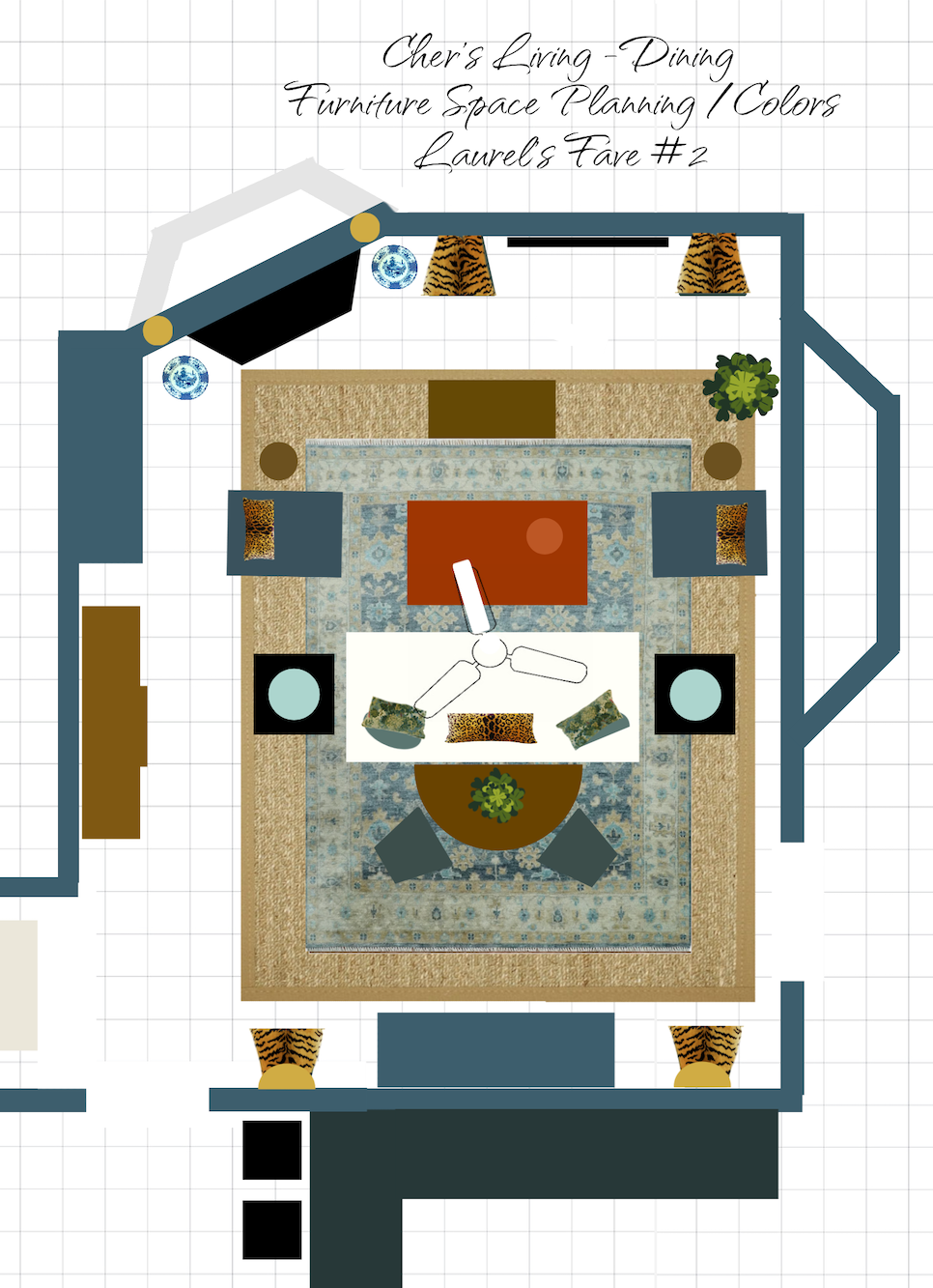 Cher's living dining room layout - space planning - colors white sofa - seagrass rug, teal oushak rug 