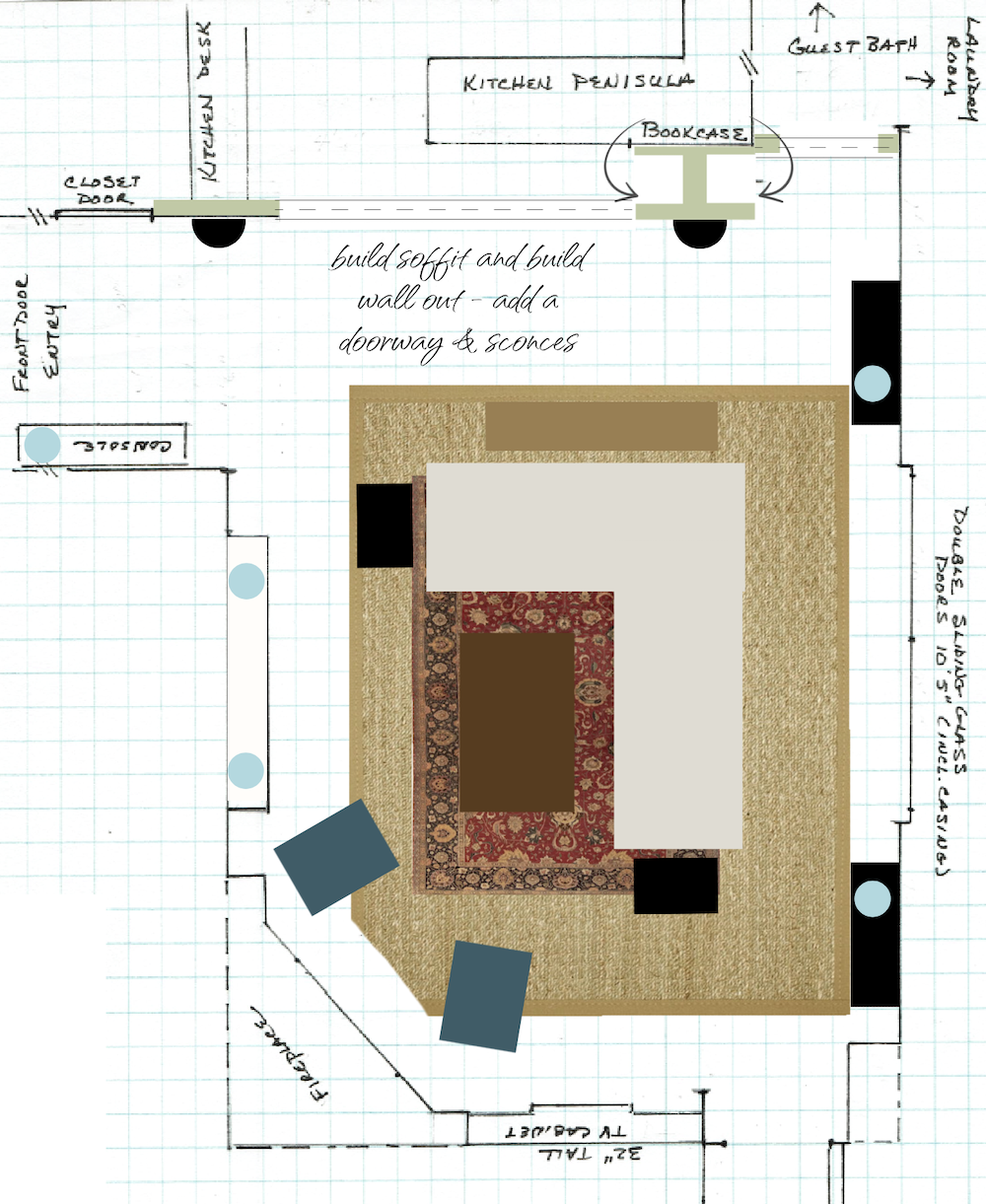 Mary's floorplan revised with seagrass rug, slipper chairs, opium coffee table, end tables and walls