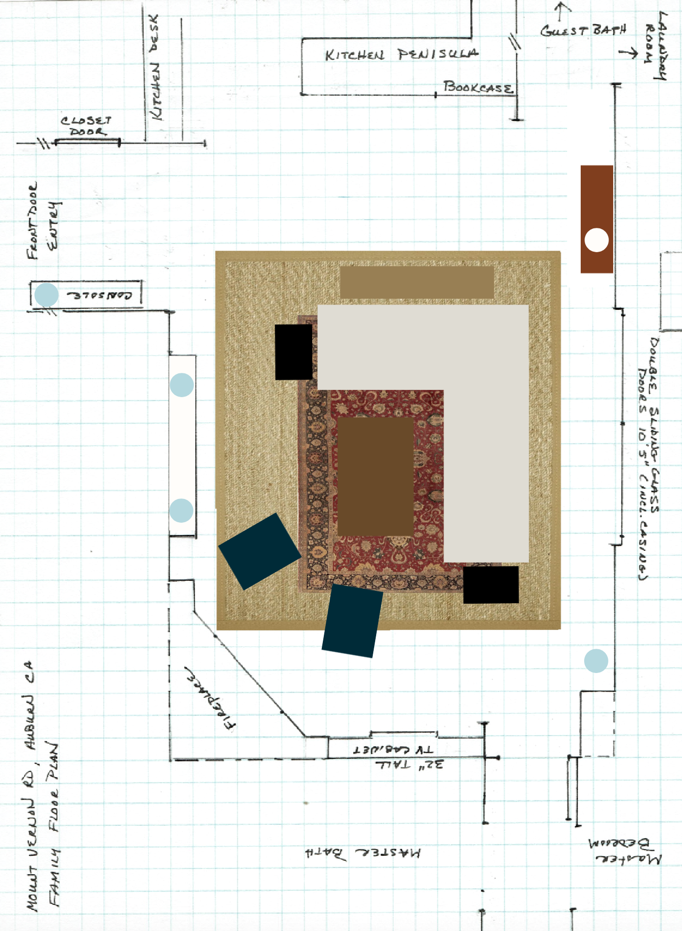 Mary's floorplan revised with seagrass rug, slipper chairs, opium coffee table, end tables
