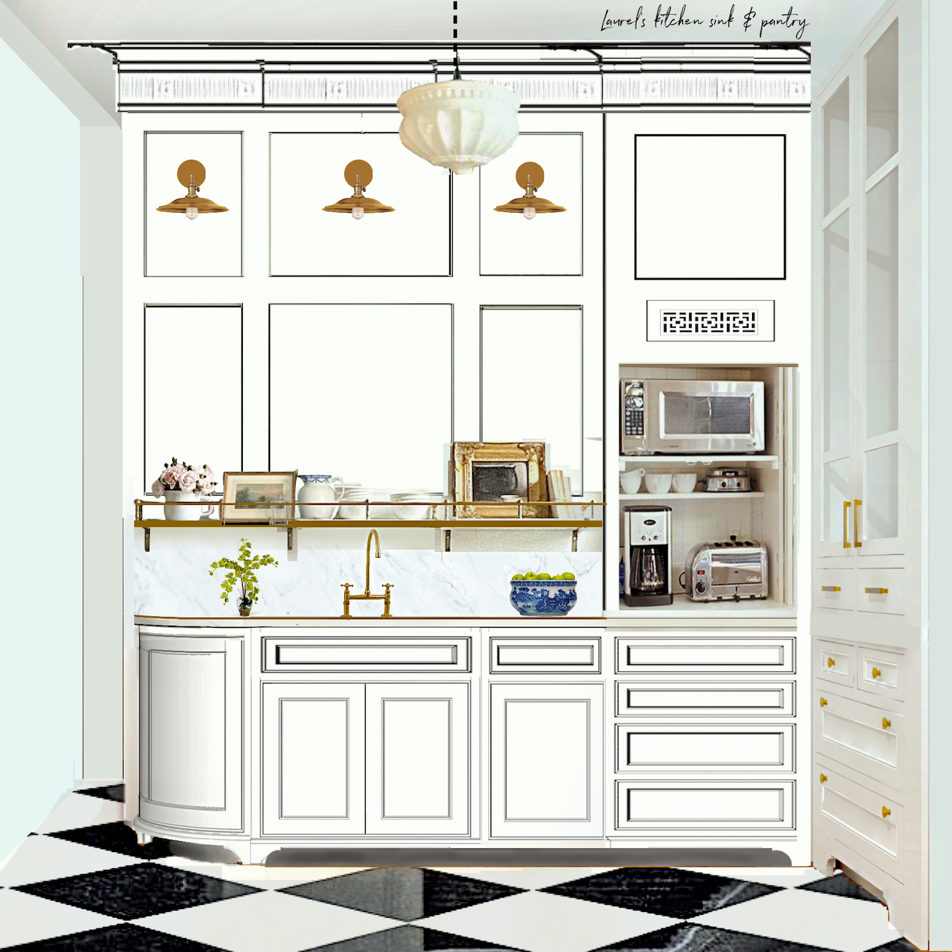 Sink wall and pantry rendering with pocket doors and 18" dishwasher