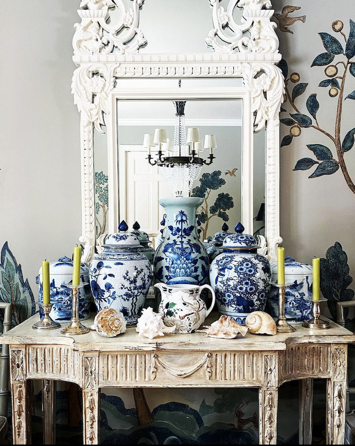 Classic Maura Endres vignette - blue and white Chinoiserie porcelains Rococo mirror -  Cohesive Room Colors and furnishings