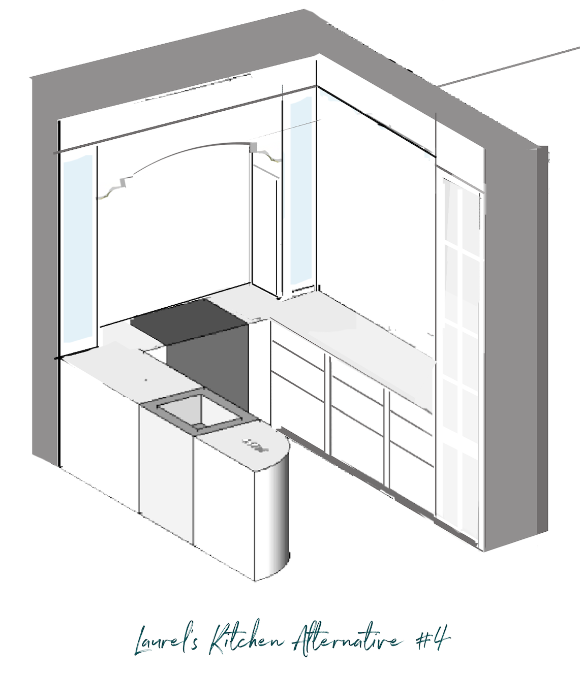 LB - My kitchen Design March 1, 2023 no walls no pantry glass doors fridge on end #4