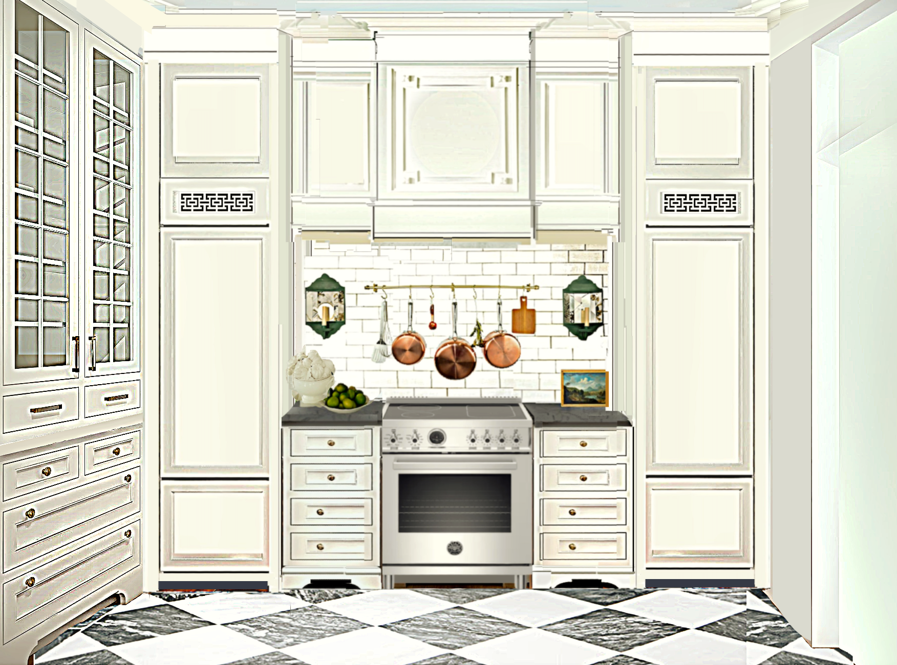 range wall - pantry soapstone counter counter French hood with Victorian coving crown pantry and refrigerator on one wall new vent cover 3.8.23