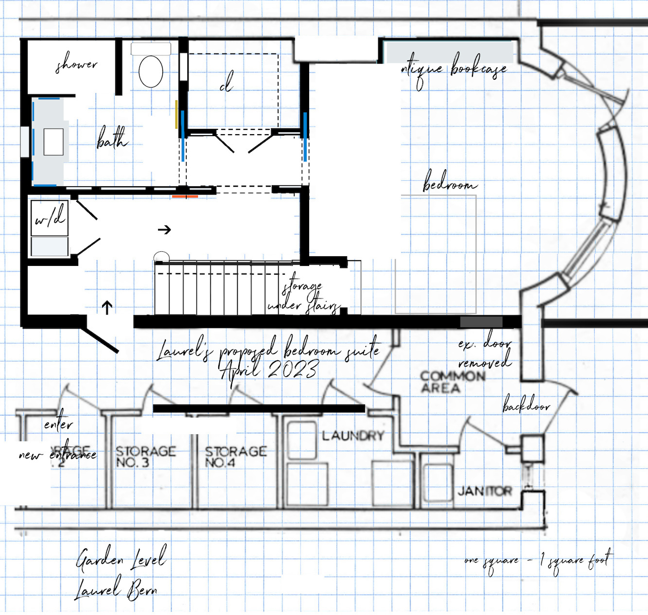 Straight run stairs Garden Level April 24, 2023 proposed plan bedroom suite - renovation countdown