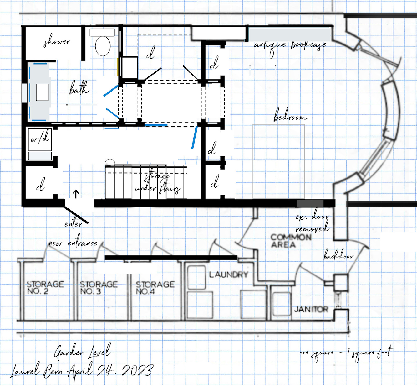 Straight run stairs Garden Level April 25, 2023 proposed plan bedroom suite - Furlowized - renovation countdown