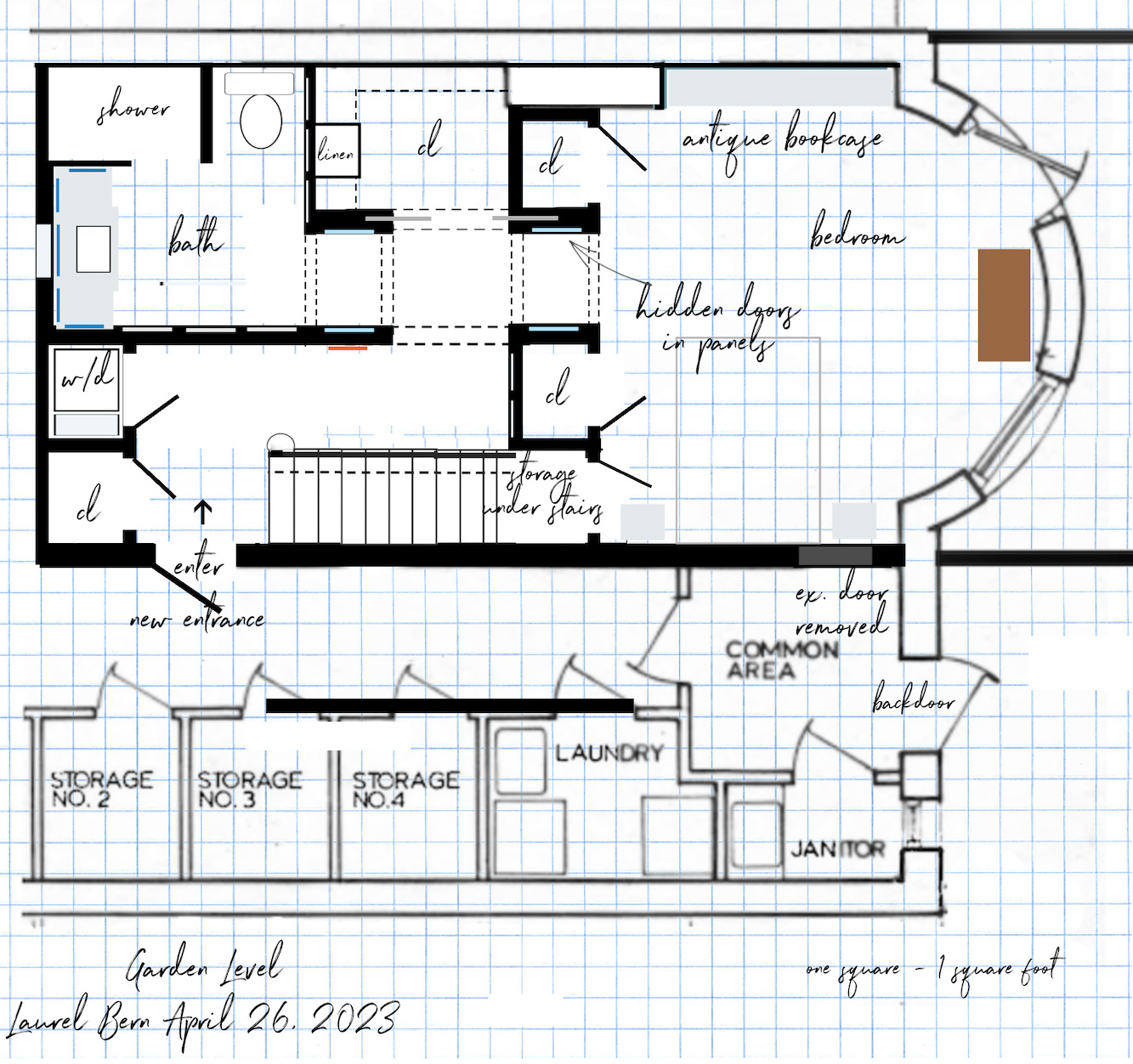 Straight run stairs Garden Level April 26, 2023 proposed plan bedroom suite hidden door panels