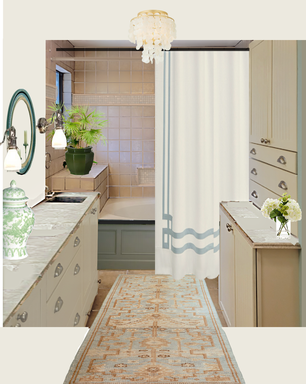 Robin same tile Greek key curtain tub surround