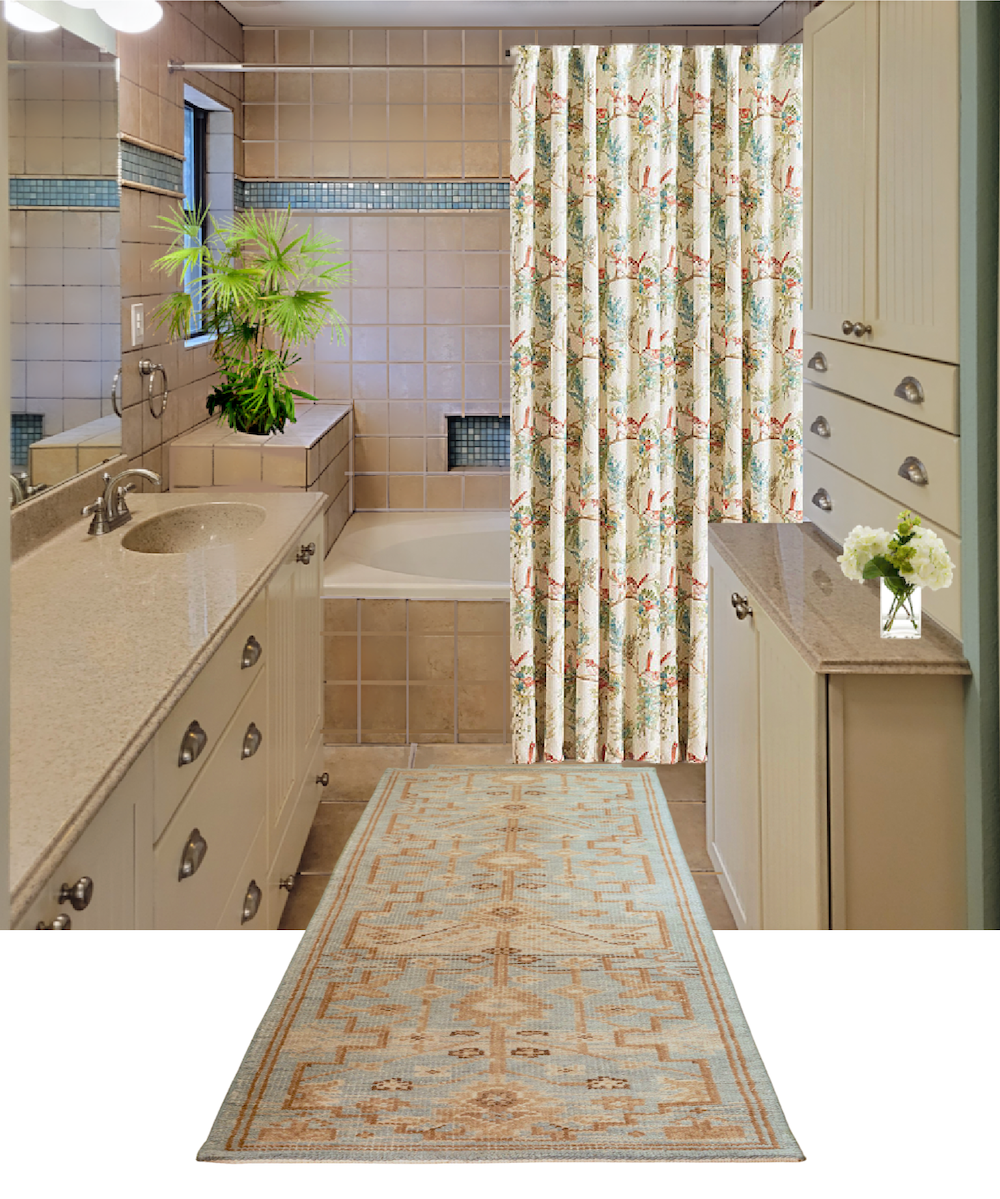 Same tile in pinky beige tile with Ballard Designs floral curtains.
