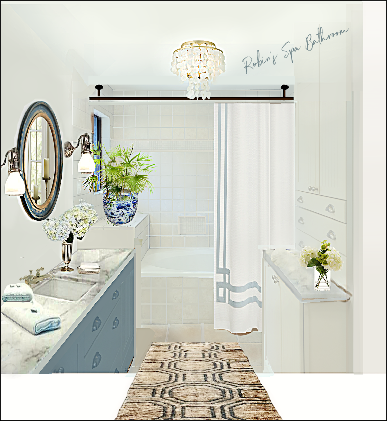  Bathroom - reglazed tile - painted cabinets - new marble counters - shower curtain - capiz chandelier