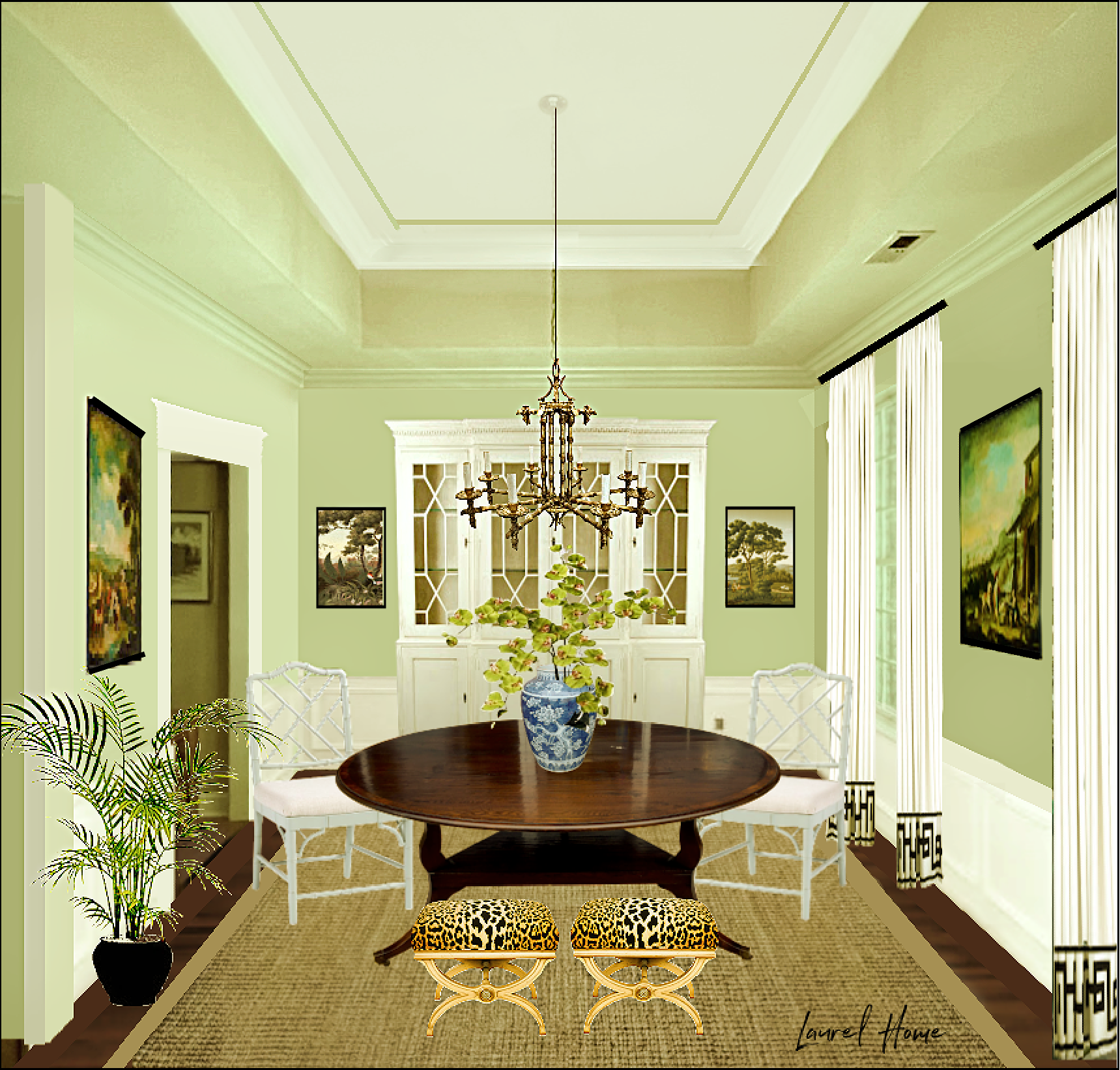 Susan's tray ceiling dining room yellow-green walls