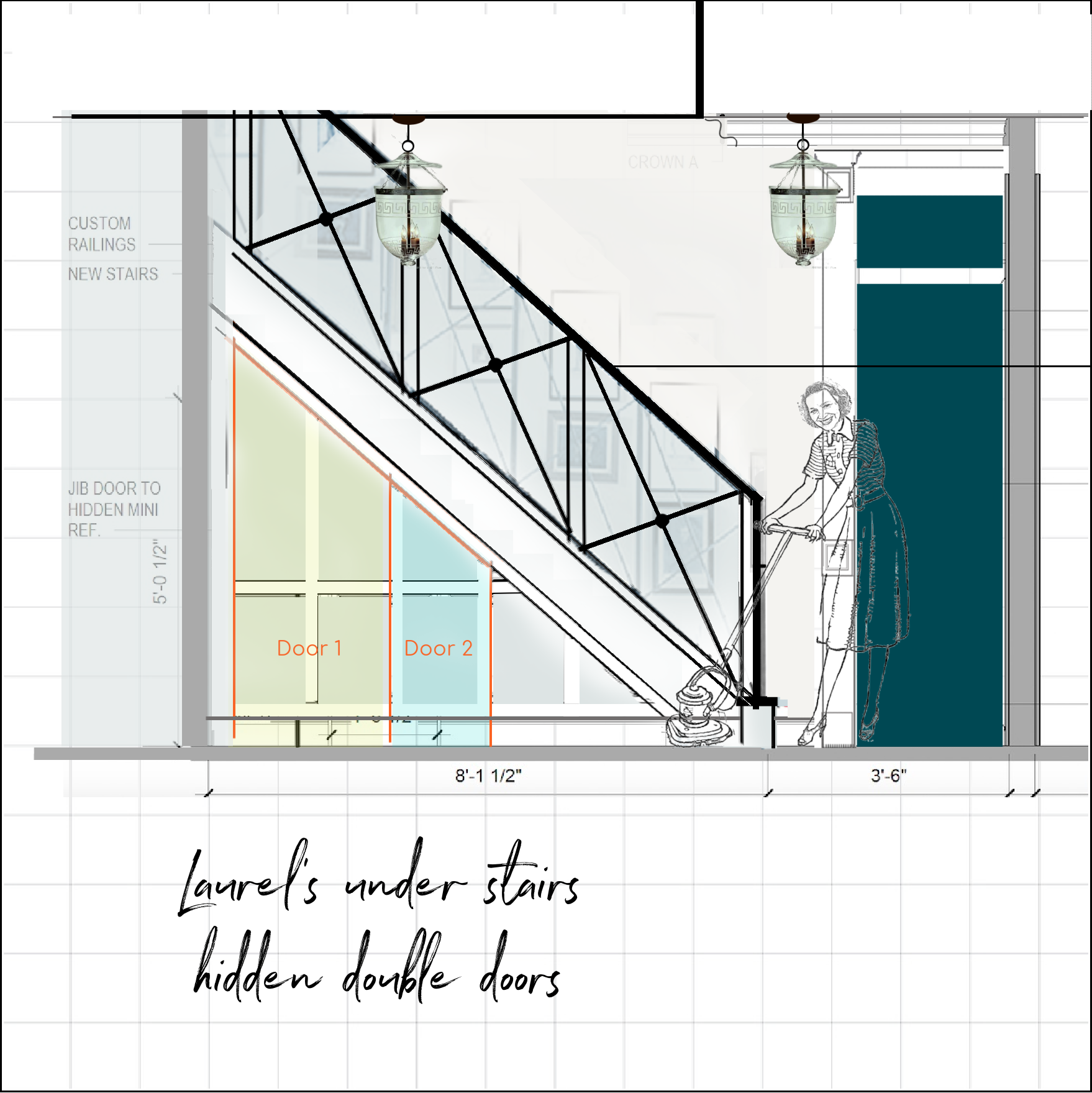 hidden double doors staircase lower level stair railing - medium bell jar lantern