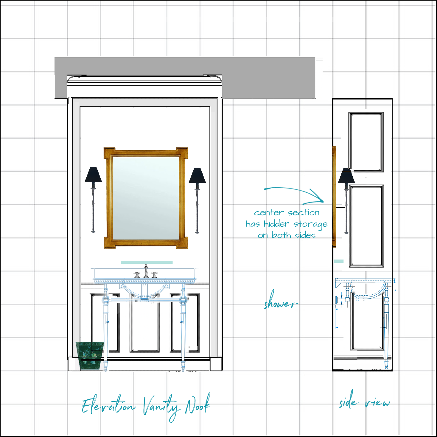 elevation vanity wall & side view December 2023
