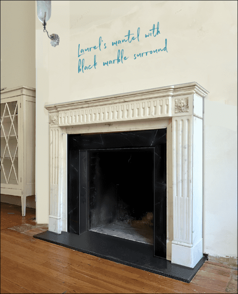 fireplace with black marble surround + anglo-indian sconce