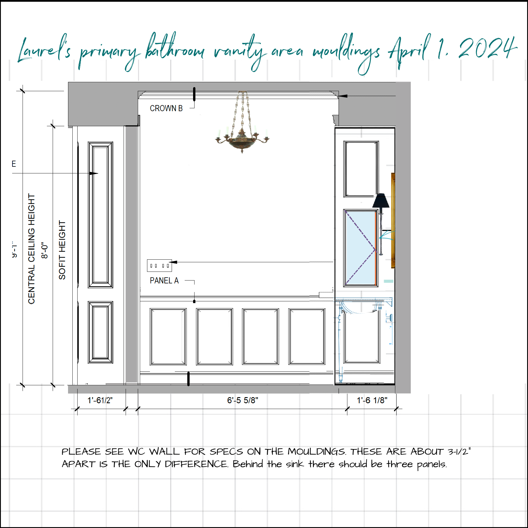 wainscoting primary bathroom vanity area April 1, 2024