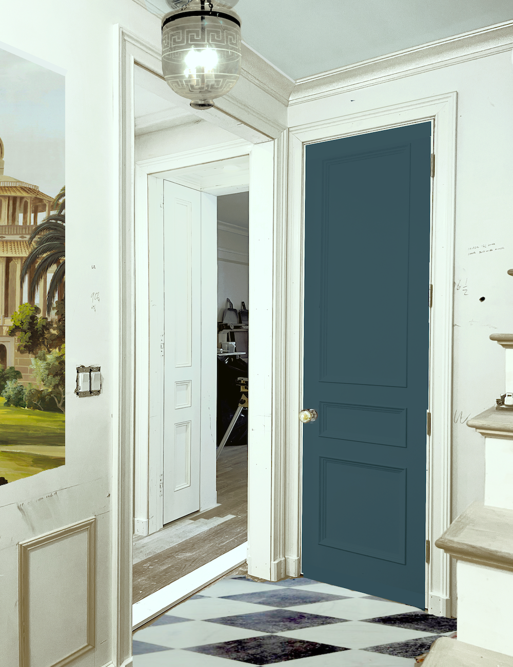 New Entrance hall - embrasure doors - bedroom-Linen closet Farrow & Ball Hague Blue Door - renovation tunnel