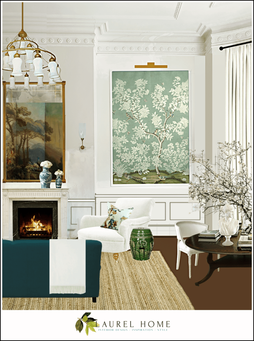 My virtual living room - Gracie Chinoiserie custom panels - Hampton Garden classic celadon blue