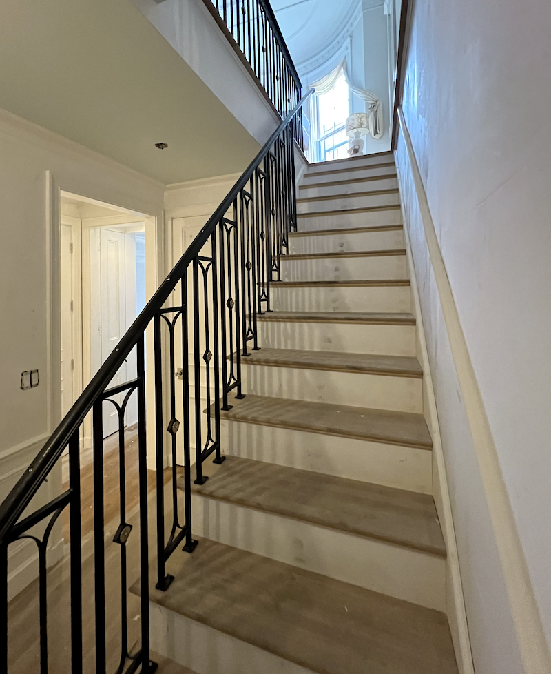 great view up new staircase railing - embrasure doors