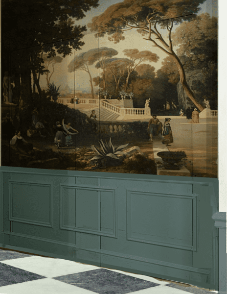 new entry hidden doors with applied wainscoting and mural art by Papiers de Paris