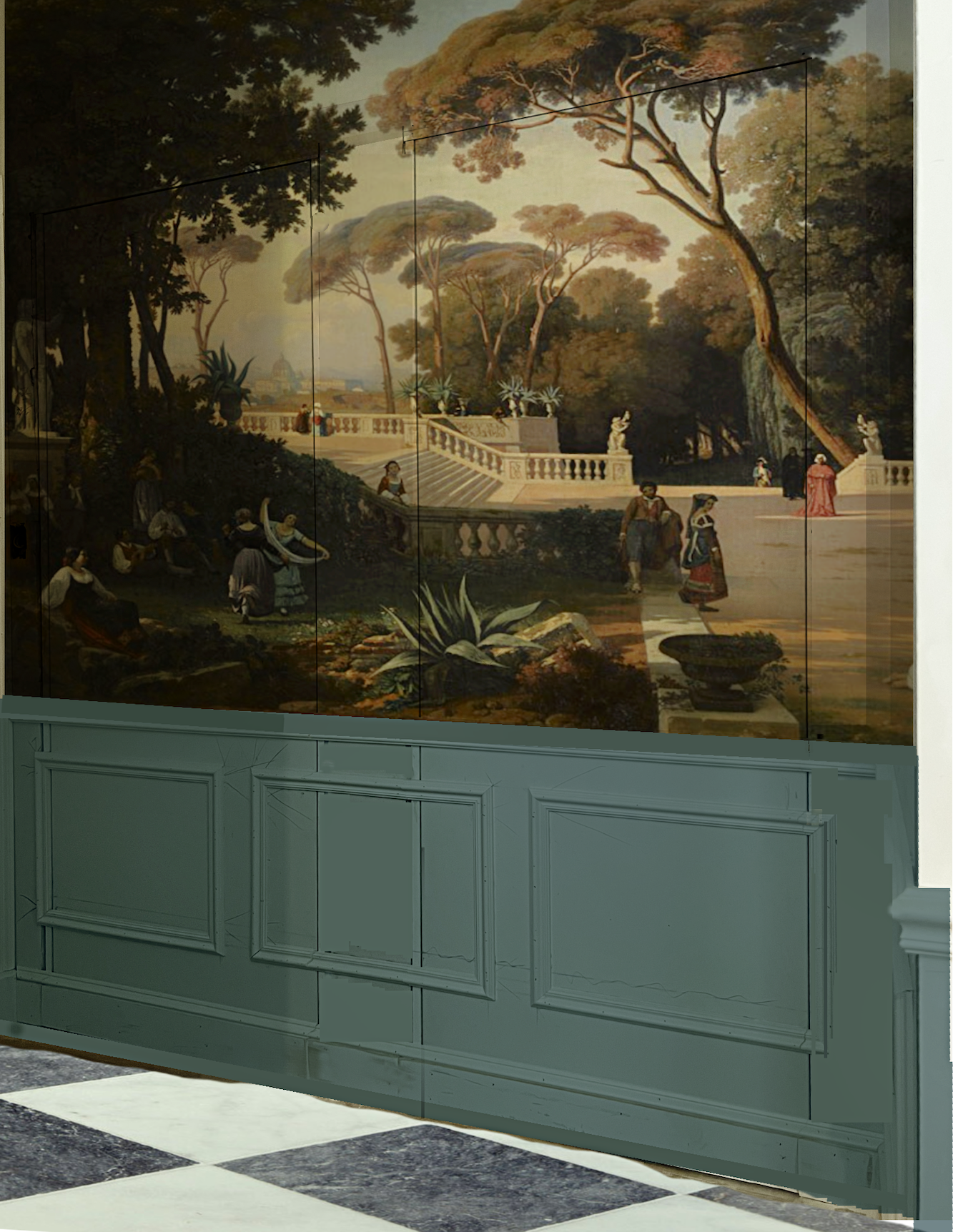 new entry hidden doors with applied wainscoting and mural art by Papiers de Paris